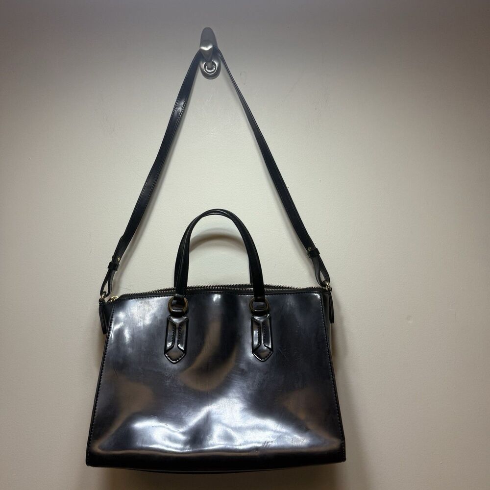 Lauren Ralph Lauren RLL Vintage Black Patent Faux Leather Satchel Tote Bag - Picture 9 of 12